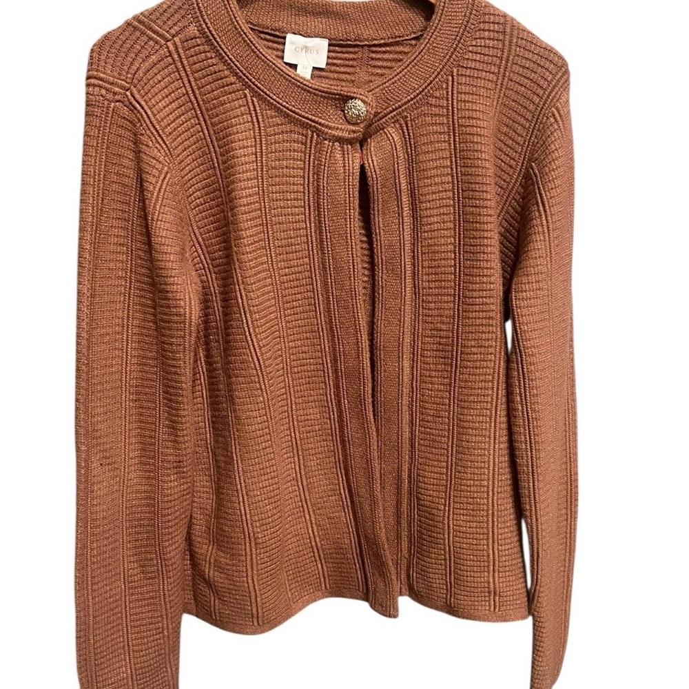 Cyrus Brown Ribbed Cardigan Sweater with Gold Accent Button